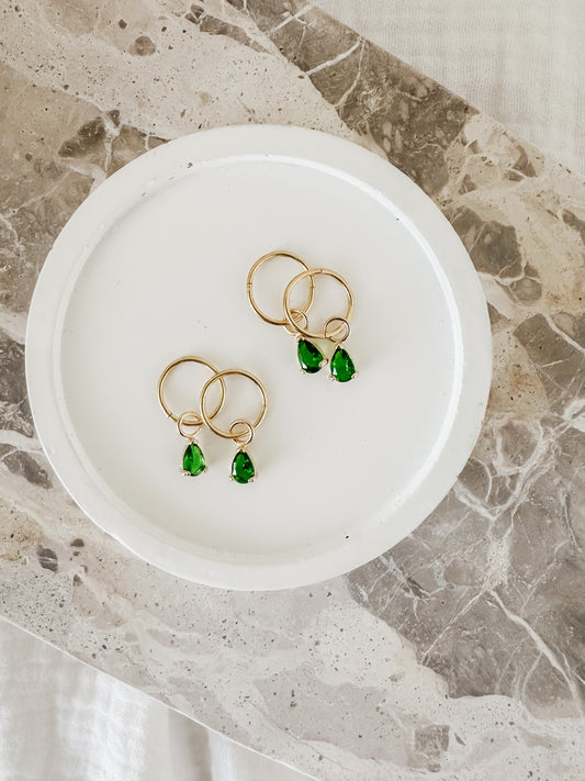 Emerald mini drop huggie earrings